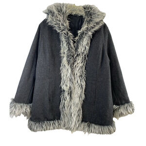 Carolina Colours Y2K Penny Lane Coat Womens XL Gray Faux Fur Trim Wool Blend